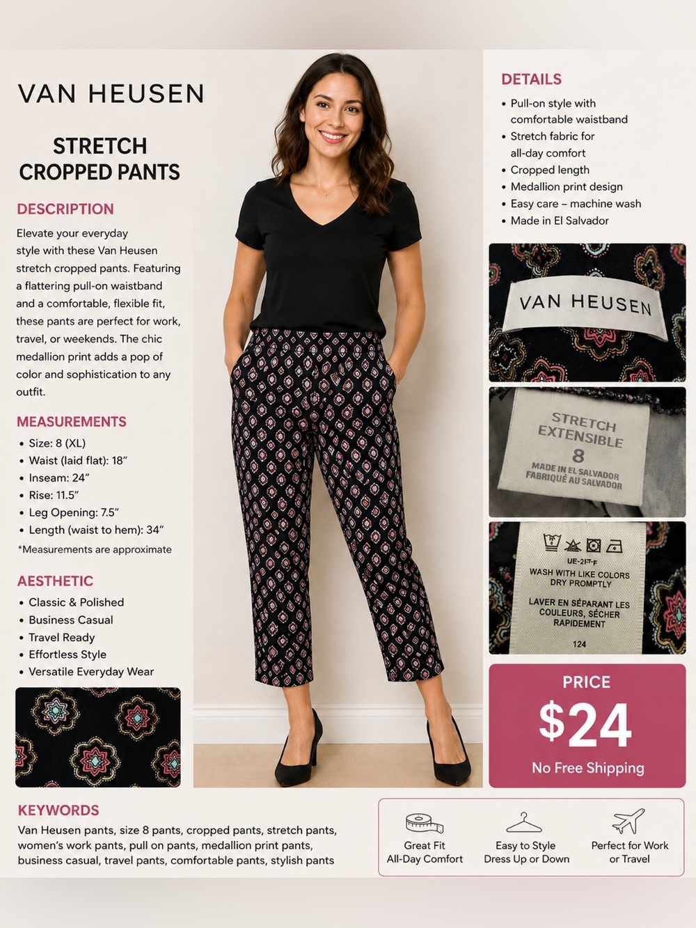 Van Heusen Black Cropped Ponte Pants with Pink & Cream Medallion Print